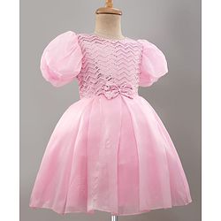 Pine Kids Woven Half Sleeves Party Dress With Sequin & Bow Applique - Pink