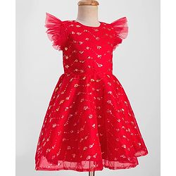 Pine Kids Woven Frill Sleeves Party Dress with Sequin Embroidery - Red