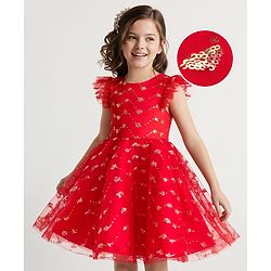 Pine Kids Woven Frill Sleeves Party Dress with Sequin Embroidery - Red