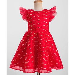 Pine Kids Woven Frill Sleeves Party Dress with Sequin Embroidery - Red