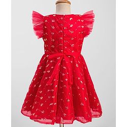 Pine Kids Woven Frill Sleeves Party Dress with Sequin Embroidery - Red