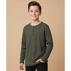 Pine Kids Knit Full Sleeves Solid Color Henley Neck T-Shirt - Olive Green