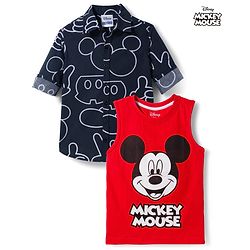 Pine Kids Disney Single Jersey Knit Full Sleeves Shirts and Sleeveless T-Shirt with Mickey Mouse Graphics - Navy Blue & Red