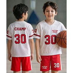 Pine Active Knit Half Sleeves Athleisure T-Shirt & Shorts Set Text & Number Print - White & Red