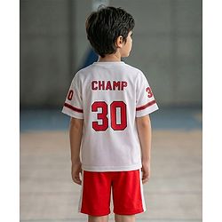 Pine Active Knit Half Sleeves Athleisure T-Shirt & Shorts Set Text & Number Print - White & Red