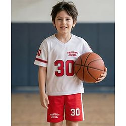Pine Active Knit Half Sleeves Athleisure T-Shirt & Shorts Set Text & Number Print - White & Red