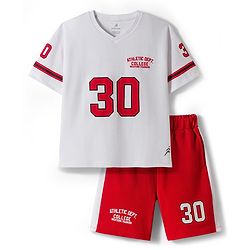 Pine Active Knit Half Sleeves Athleisure T-Shirt & Shorts Set Text & Number Print - White & Red