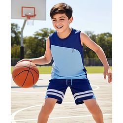 Pine Active Knit Sleeveless T-Shirt & Shorts Set With Tape Detailing - Blue & Navy Blue