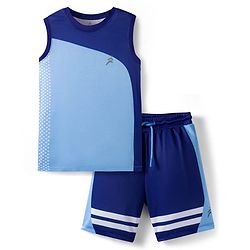 Pine Active Knit Sleeveless T-Shirt & Shorts Set With Tape Detailing - Blue & Navy Blue