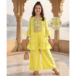 Pine Kids Woven Three Fourth Sleeves Indo Western Set with Jacket Embroidery & Sequin Detailing - Yellow