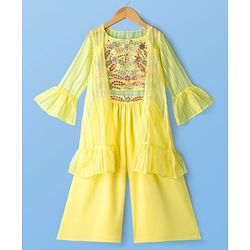 Pine Kids Woven Three Fourth Sleeves Indo Western Set with Jacket Embroidery & Sequin Detailing - Yellow