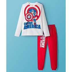 Pine Kids Marvel Single Jersey Knit Full Sleeves T-Shirt & Lounge Pant Set with Captain America Graphic - Red & White