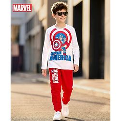 Pine Kids Marvel Single Jersey Knit Full Sleeves T-Shirt & Lounge Pant Set with Captain America Graphic - Red & White