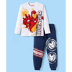 Pine Kids Marvel Single Jersey Knit Full Sleeves T-Shirt & Joggers Set with Iron Man Graphics - White & Navy Blue