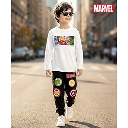 Pine Kids Marvel Terry Knit Full Sleeves Oversize Drop Shoulder Sweatshirt & Joggers Set with Avenger Graphics - White & Black