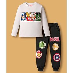 Pine Kids Marvel Terry Knit Full Sleeves Oversize Drop Shoulder Sweatshirt & Joggers Set with Avenger Graphics - White & Black