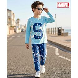 Pine Kids Marvel Single Jersey Knit Full Sleeves T-Shirt & Joggers Set with Spider Man Graphic - Blue