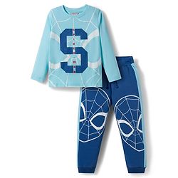 Pine Kids Marvel Single Jersey Knit Full Sleeves T-Shirt & Joggers Set with Spider Man Graphic - Blue
