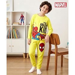 Pine Kids Marvel Single Jersey Knit Full Sleeves Night Suit With Text Print - Green