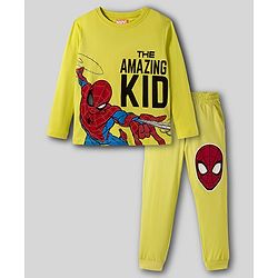 Pine Kids Marvel Single Jersey Knit Full Sleeves Night Suit With Text Print - Green