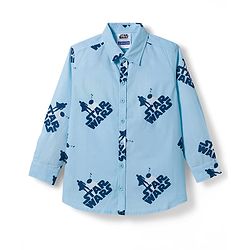 Pine Kids Lucas Single Jersey Knit Full Sleeve Printed Shirt and Sleeveless T-Shirt with Starwars Graphic - Light Blue & Blue