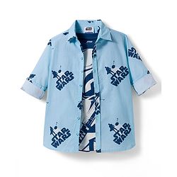 Pine Kids Lucas Single Jersey Knit Full Sleeve Printed Shirt and Sleeveless T-Shirt with Starwars Graphic - Light Blue & Blue