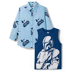 Pine Kids Lucas Single Jersey Knit Full Sleeve Printed Shirt and Sleeveless T-Shirt with Starwars Graphic - Light Blue & Blue