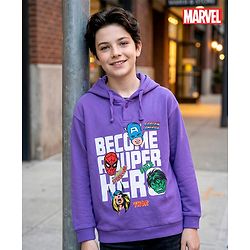 Pine Kids Marvel Terry Knit Drop Shoulder Full Sleeves Hooded Sweatshirt with Avengers Graphic - Purple