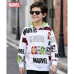 Pine Kids Marvel Terry Knit Drop Shoulder Full Sleeves Hooded Sweatshirt With Avengers Graphics - White
