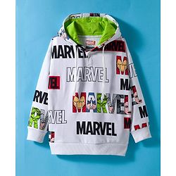 Pine Kids Marvel Terry Knit Drop Shoulder Full Sleeves Hooded Sweatshirt With Avengers Graphics - White