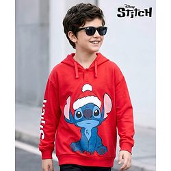 Pine Kids Disney Terry Knit Full Sleeves Hooded Sweatshirt with Lilo & Stitch Graphic - Red