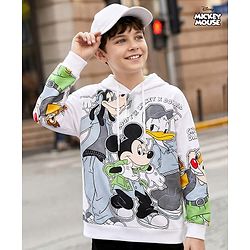 Pine Kids Disney Terry Knit Drop Shoulder Full Sleeves Sweatshirt with Mickey Mouse & Friends Graphic - White