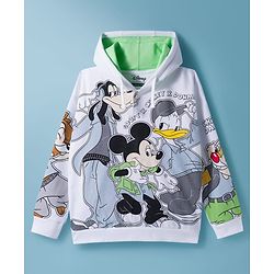 Pine Kids Disney Terry Knit Drop Shoulder Full Sleeves Sweatshirt with Mickey Mouse & Friends Graphic - White