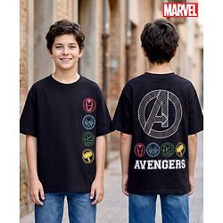 Pine Kids Marvel Single Jersey Knit Half Sleeves Drop Shoulder T-Shirt with Front and Back Avengers Graphics - Black