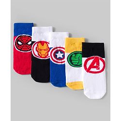 Pine Kids Marvel Knit Ankle Length Antibacterial Socks with Avengers Graphic Pack of 5 - White Yellow & B Lue