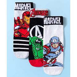 Pine Kids Marvel Knit Ankle Length Anti-Bacterial Socks with Avengers Graphic Pack of 3 - White & Black