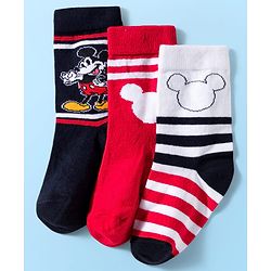 Pine Kids Disney Knit Ankle Length Anti-Bacterial Socks with Mickey Mouse Graphic Pack of 3 - Red & White