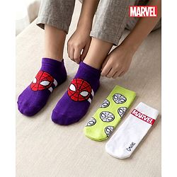 Pine Kids Marvel Knit Ankle Length Anti-Bacterial Socks with Avengers Graphic Pack of 3 - White & Purple