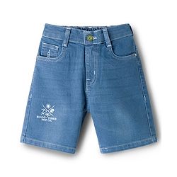Pine Kids Denim Woven Washed Above Knee Length Shorts with Good Vibes Embroidery- Blue