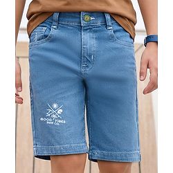 Pine Kids Denim Woven Washed Above Knee Length Shorts with Good Vibes Embroidery- Blue