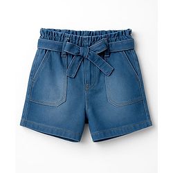 Pine Kids Woven Above Knee Length Shorts with Fabric Belt & Bow Detailing - Navy Blue