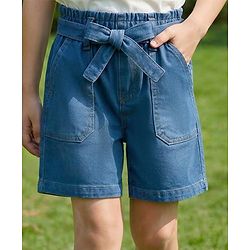 Pine Kids Woven Above Knee Length Shorts with Fabric Belt & Bow Detailing - Navy Blue