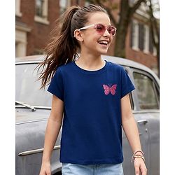 Pine Kids Cotton Knit Half Sleeves T-Shirt Butterfly Print - Navy Blue