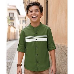Pine Kids Cotton Woven Full Sleeves Solid Shirt with Stripes - Olive Green