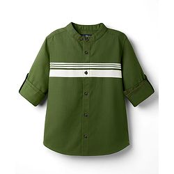 Pine Kids Cotton Woven Full Sleeves Solid Shirt with Stripes - Olive Green