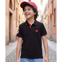 Pine Kids Cotton Knit Half Sleeves Polo T-Shirt with Number Embroidery - Black