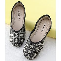 Pine Kids Slip On Mojaris  with Embroidery - Black & Gold