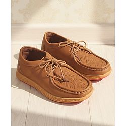 Pine Kids Formal Shoes With Lace Textured Design - Tan