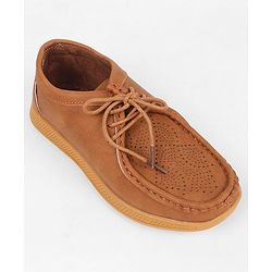 Pine Kids Formal Shoes With Lace Textured Design - Tan
