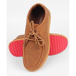 Pine Kids Formal Shoes With Lace Textured Design - Tan